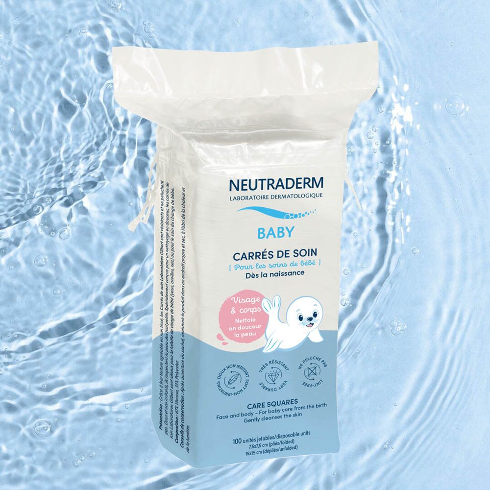 Neutraderm Baby verzorgingsdoekjes, verpakking. Witte vierkante doekjes. Bedrukking met logo, productnaam, baby-illustratie.