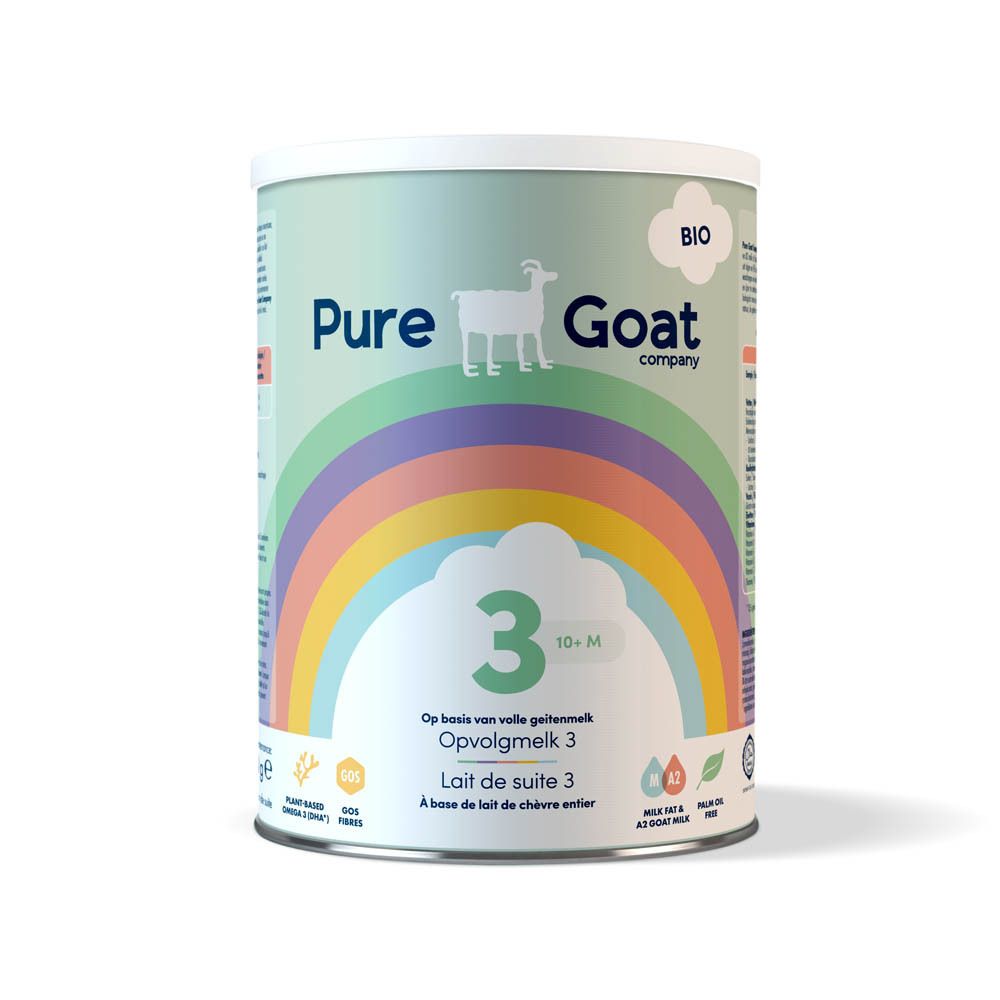 Face avant de la boîte Pure Goat Company Bio Lait de suite 3. Inscription: 3, 10+M, Op basis van volle geitenmelk, Lait de suite 3. Design arc-en-ciel.