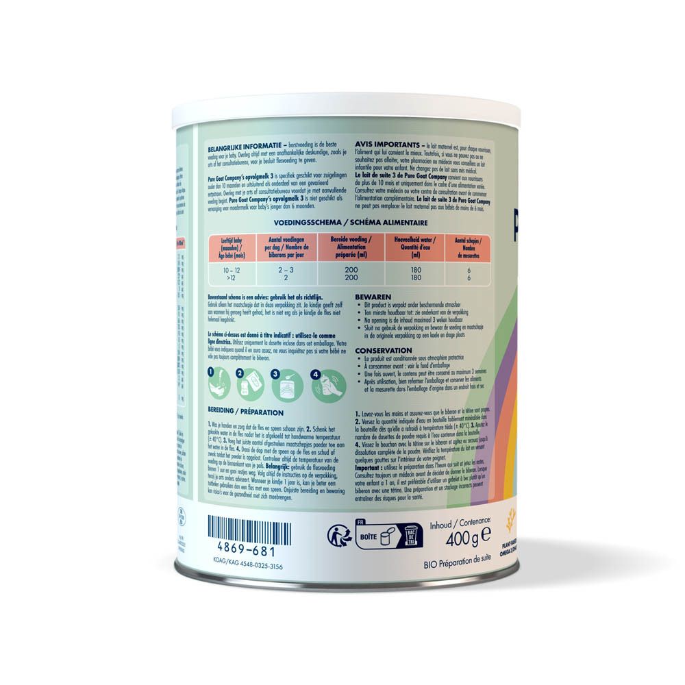 Achterkant van de blik Pure Goat Company Bio Lait de suite 3. Bevat voedingswaarde, bereiding en ingrediënten.