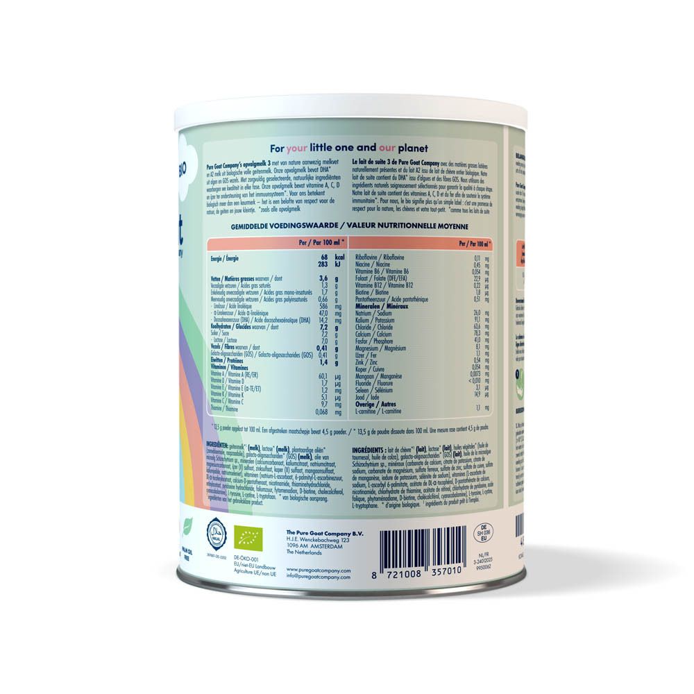 Dos de la boîte Pure Goat Company Bio Lait de suite 3. Contient des informations nutritionnelles, de préparation et des ingrédients.
