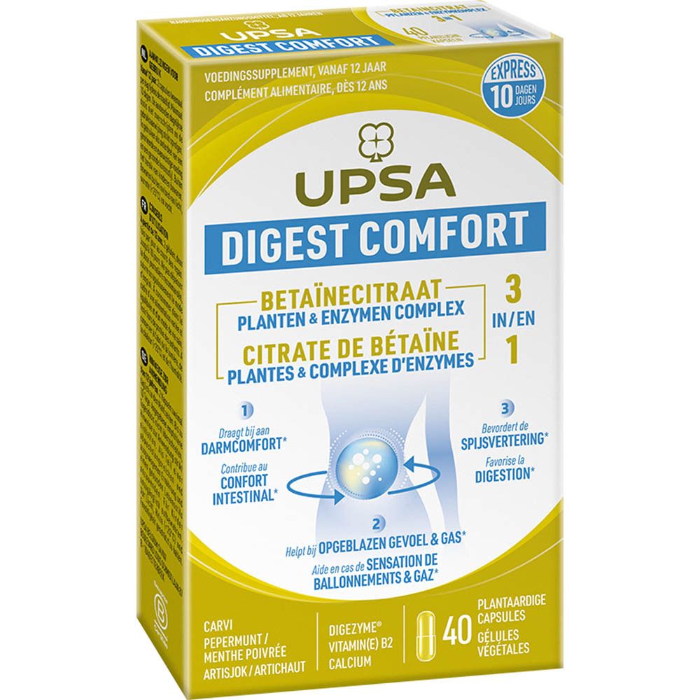 Verpakking van UPSA Digest Comfort. Gele doos met naam, ingrediënten en 40 capsules.