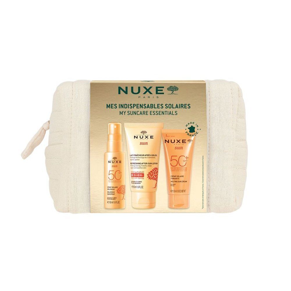 Nuxe Sun Travel Kit met zonnenspray, aftersun lotion en zonnecrème in een toilettas.