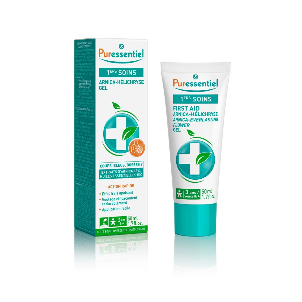 Emballage du produit avec tube et boîte. Inscription: 1ers Soins, Arnica-Hélichryse Gel. Logo: croix et feuille et personne.