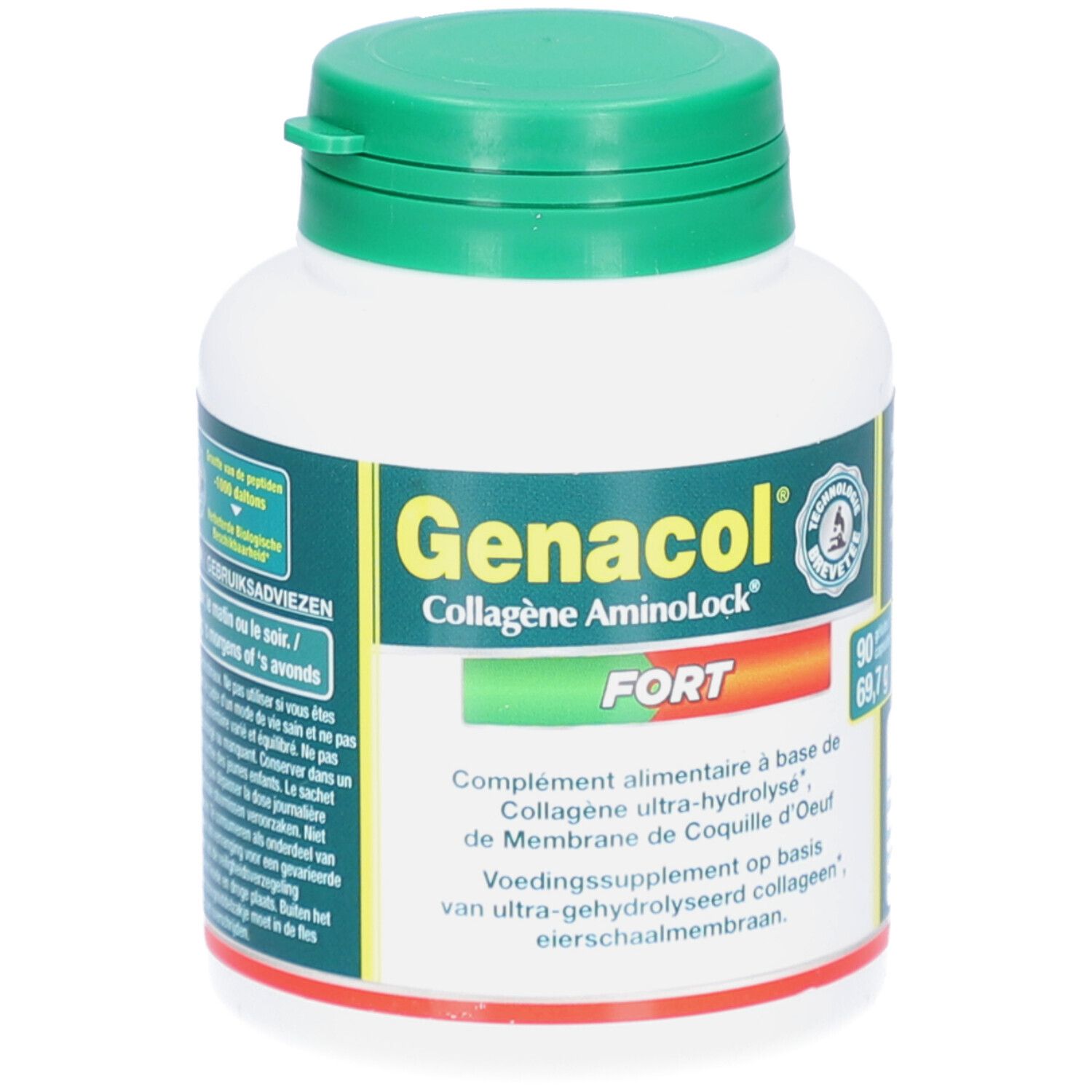 Flacon blanc, bouchon vert. Inscription: Genacol Collagène Aminolock FORT. 90 gélules.