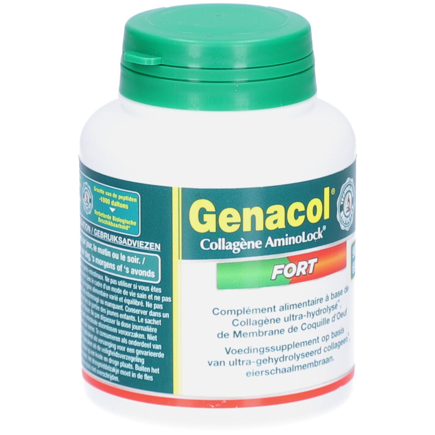 Flacon blanc, bouchon vert. Inscription: Genacol Collagène Aminolock FORT. Texte.