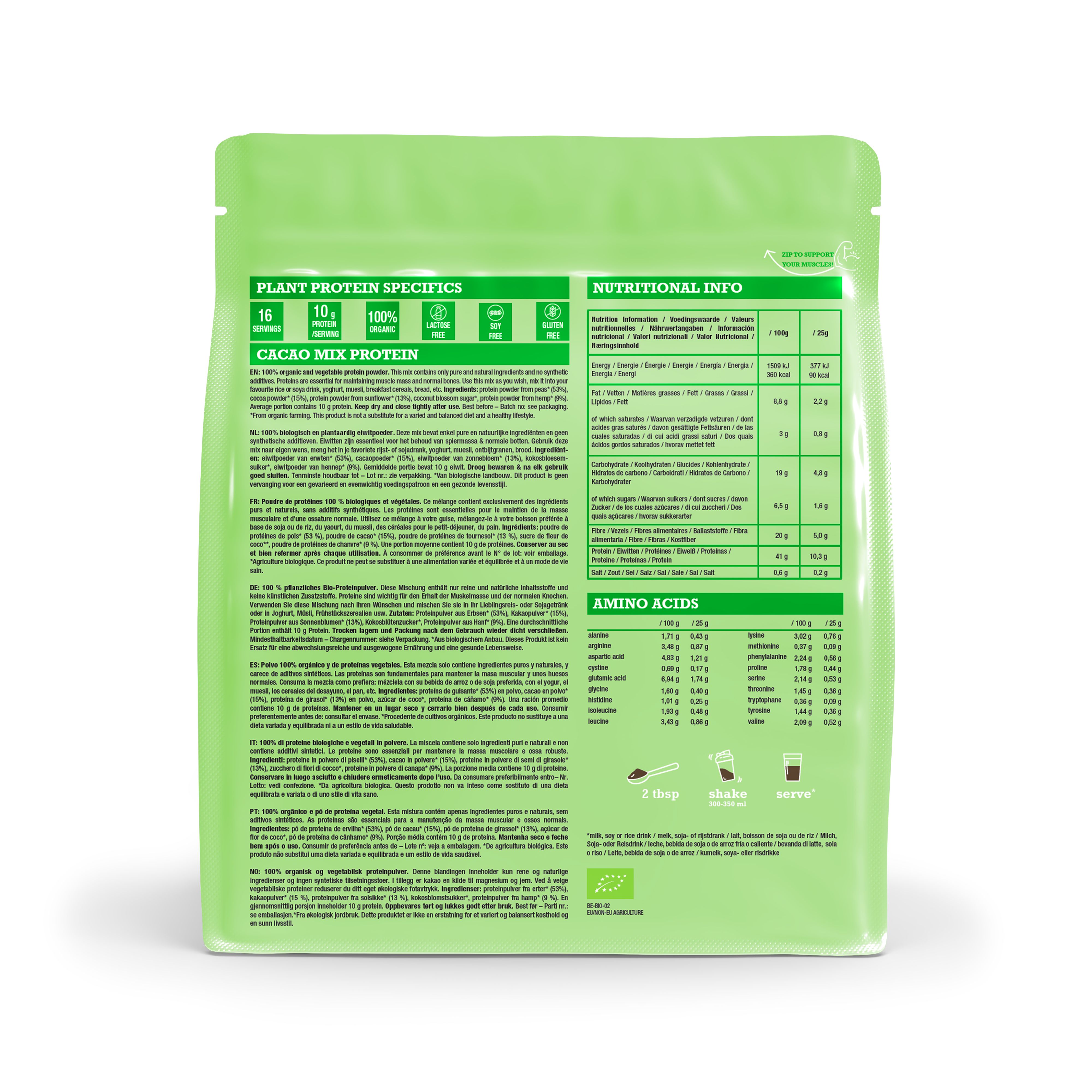 Purasana Vegan Protein Mix Cacao sachet, 400g, vue latérale. Avec illustration de cacao et informations nutritionnelles.