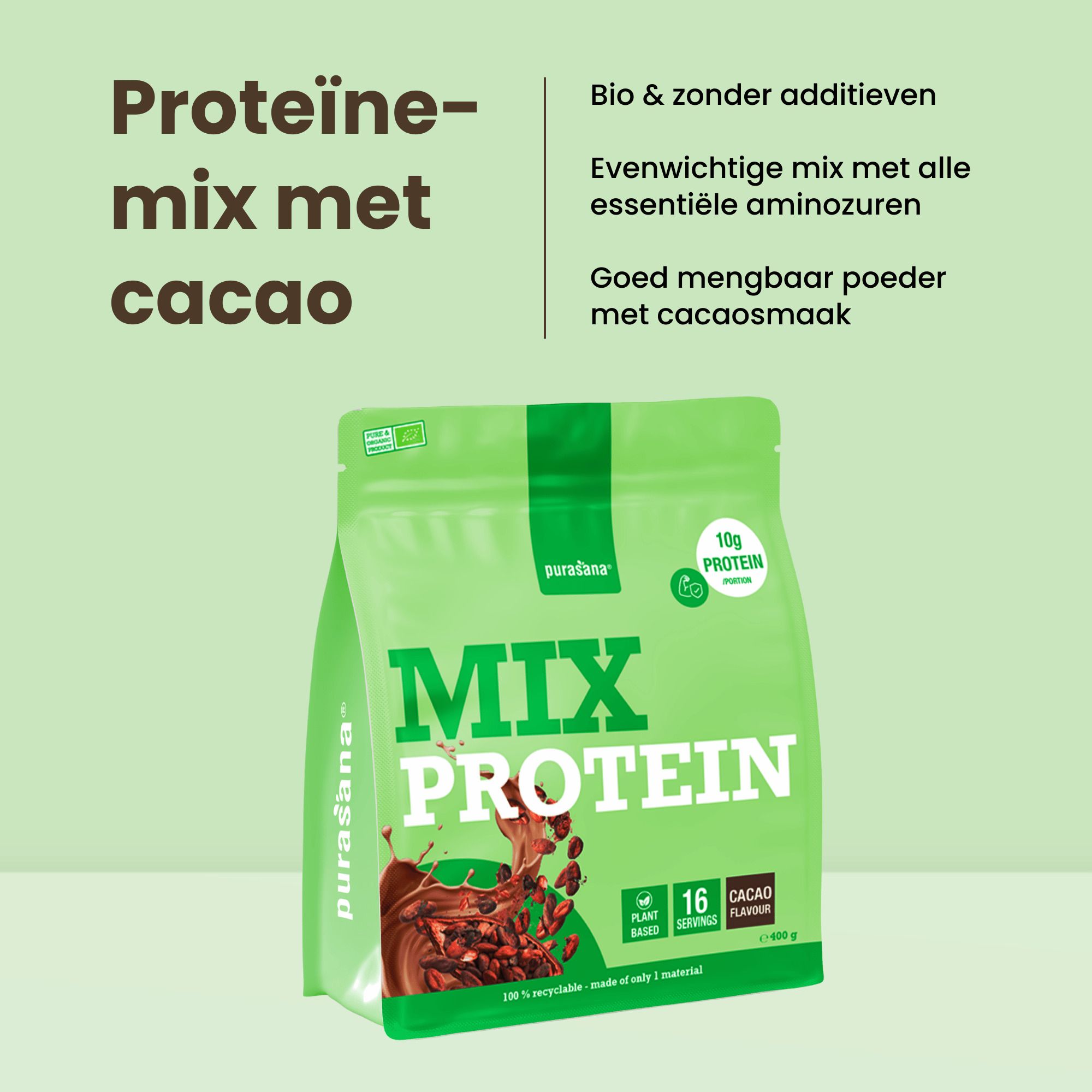 Purasana Vegan Protein Mix Cacao zak, 400g. Met cacaoprint en voedingswaarde-informatie.