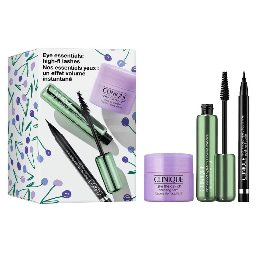 Clinique oogverzorgingsset met mascara, eyeliner en reinigingsbalsem.