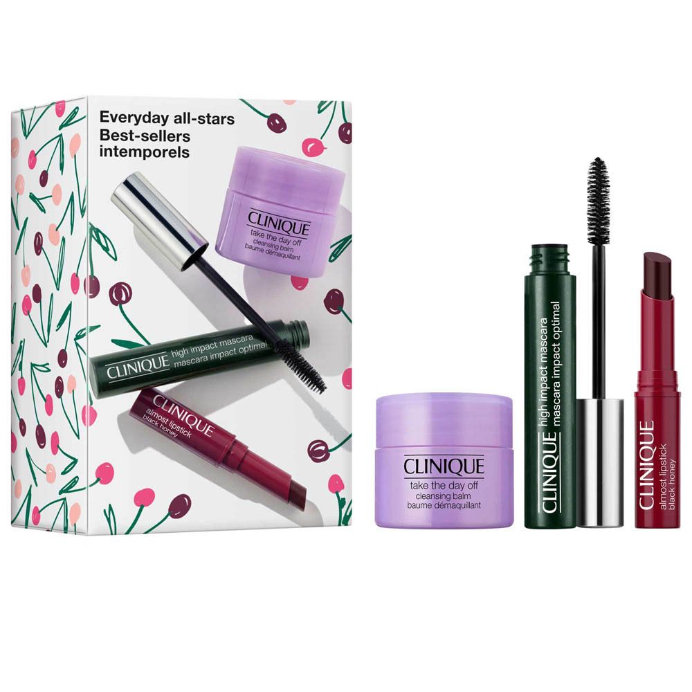 Clinique cosmeticaset met mascara, eyeliner, lippenstift en reinigingsbalsem, verpakt in een kleurrijke doos.