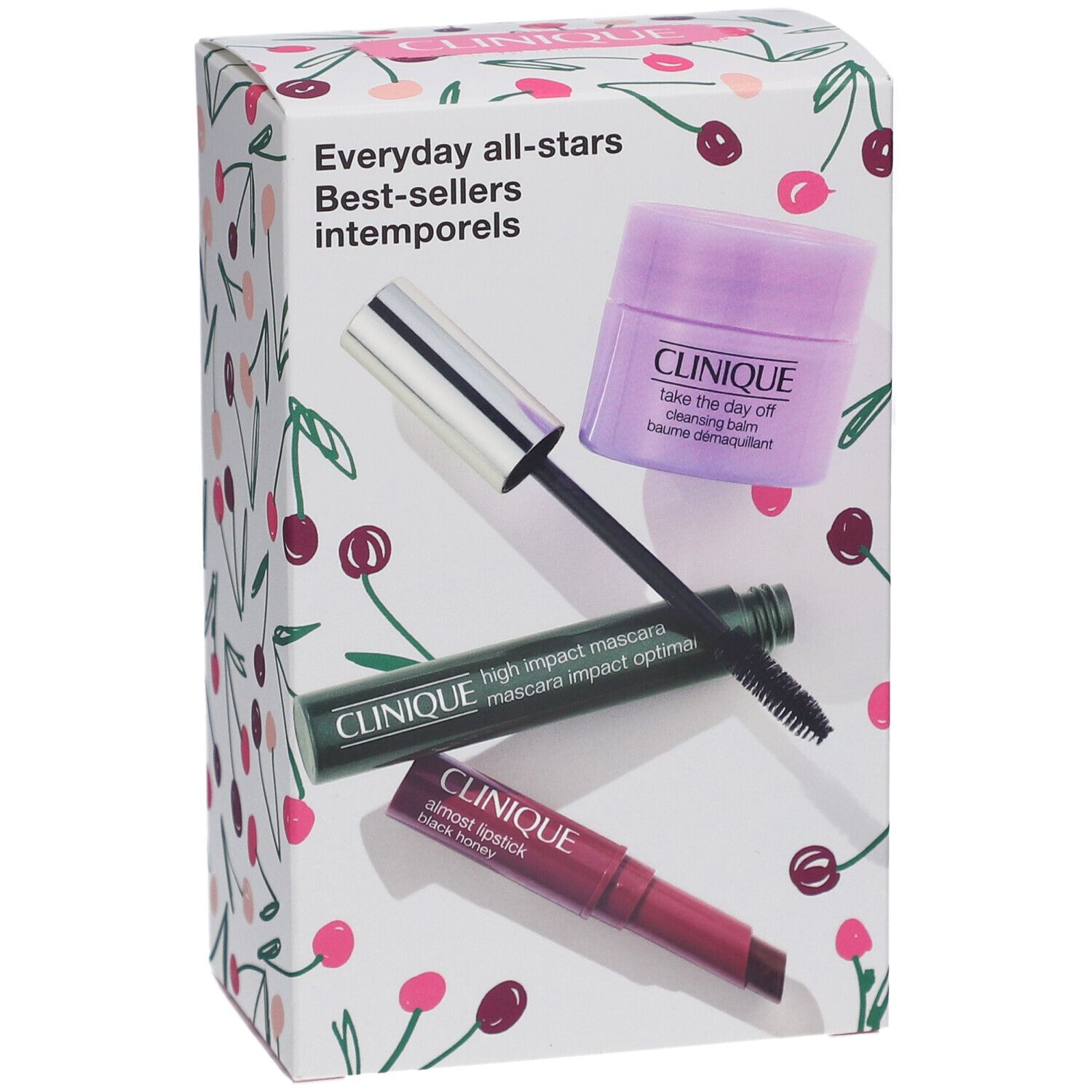 Coffret Clinique avec mascara, rouge à lèvres et baume nettoyant. Motif cerise.