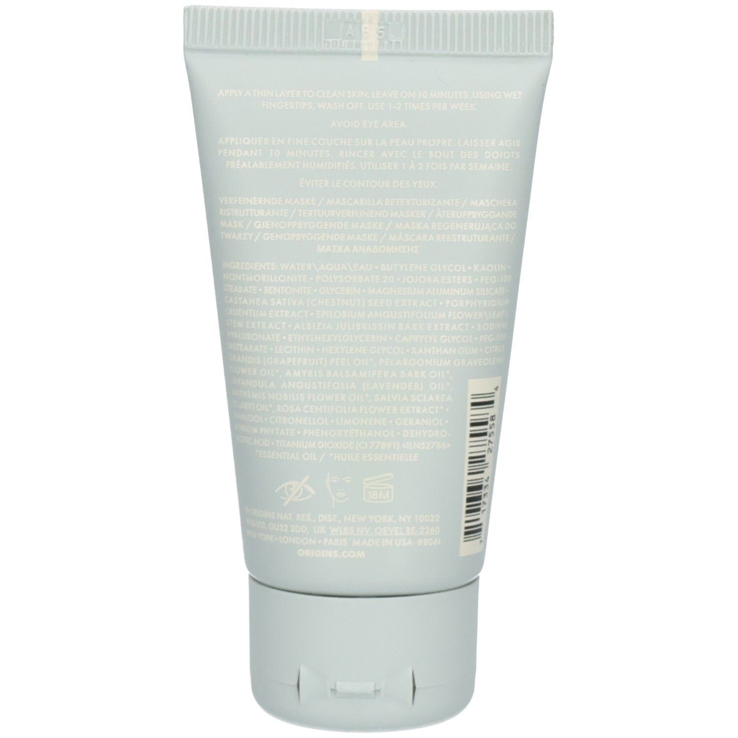 Achterkant van de Origins Original Skin™ Retexturizing Mask tube met ingrediënten en barcode.