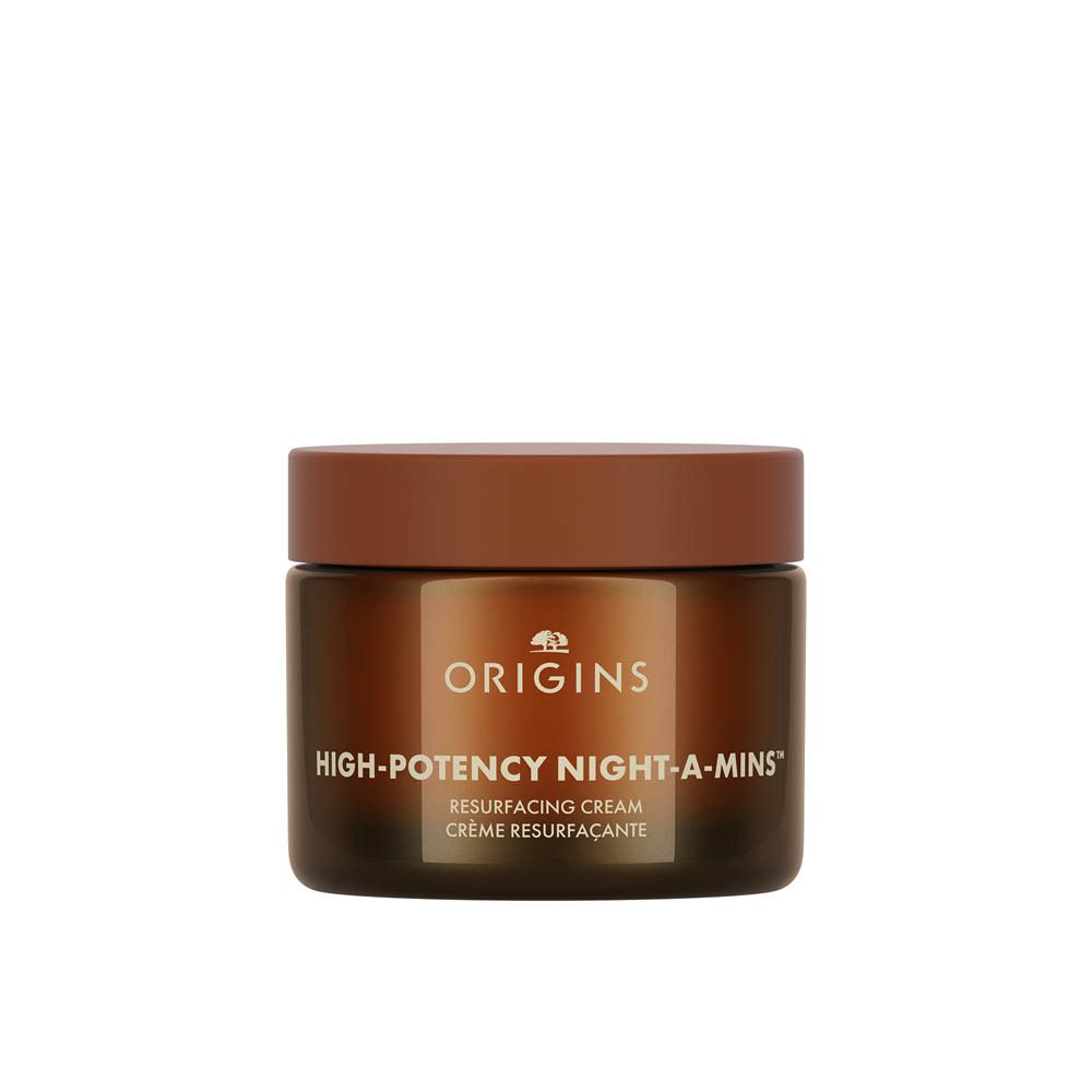Bruine crèmepot met bruin deksel. Opschrift: ORIGINS, HIGH-POTENCY NIGHT-A-MINS, RESURFACING CREAM.