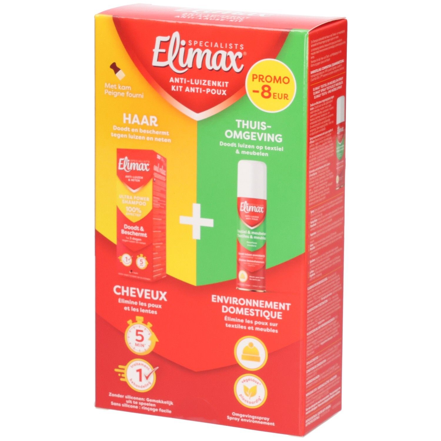 Elimax Kit Anti-poux : Shampoo pour cheveux et spray pour l'environnement domestique.