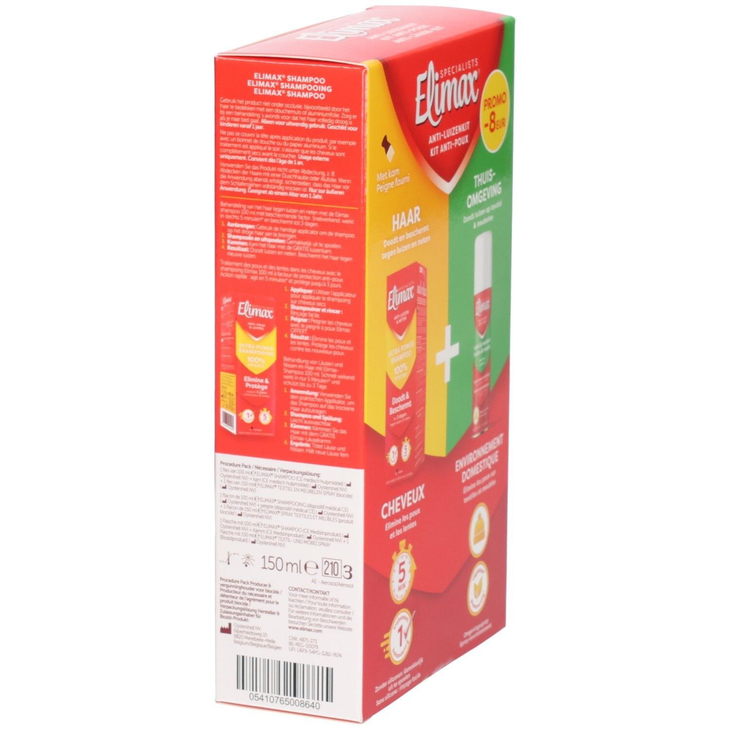 Arrière de l'emballage Elimax Kit Anti-poux avec informations produit et ingrédients.