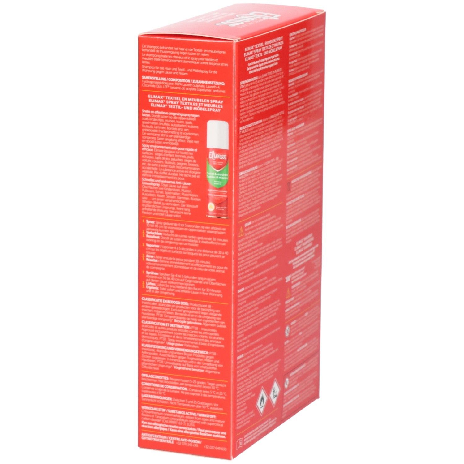 Vue latérale de l'emballage Elimax Kit Anti-poux avec avertissements et instructions d'utilisation.