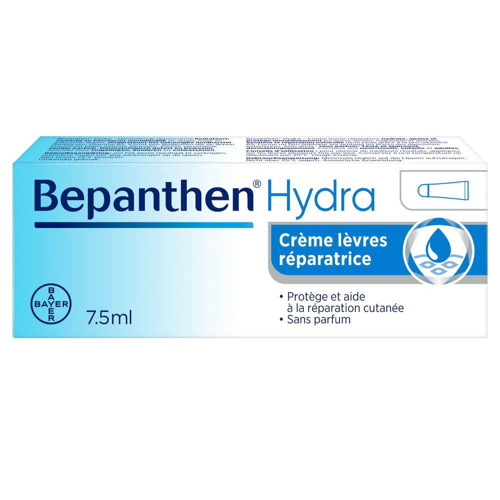 Boîte Bepanthen Hydra Crème lèvres réparatrice. Emballage blanc et bleu, nom et logo du produit.