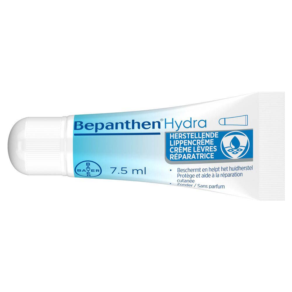 Tube Bepanthen Hydra Crème lèvres réparatrice. Tube blanc, logo bleu et nom du produit.