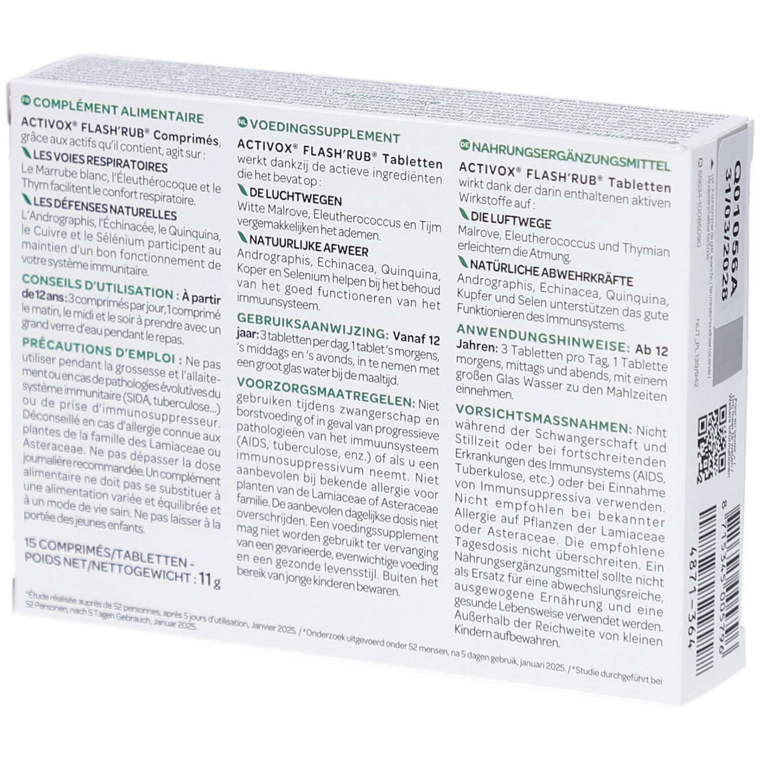 Achterkant doosje Arkopharma Activox Flash'Rub. Meertalige tekst, ingrediënten en gebruiksaanwijzing.