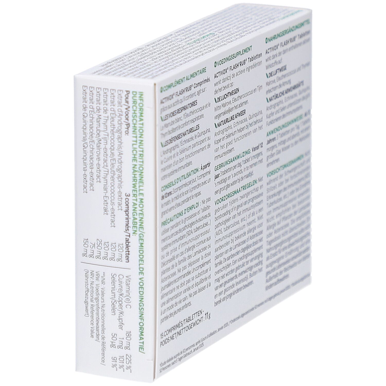 Zijaanzicht doosje Arkopharma Activox Flash'Rub. Voedingswaarde-informatie en andere details.