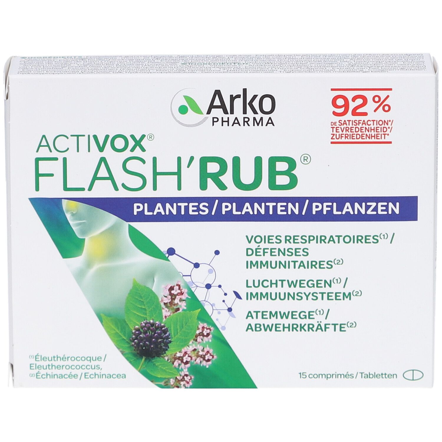 Doosje Arkopharma Activox Flash'Rub. Groen-wit ontwerp met naam en logo. 15 tabletten.
