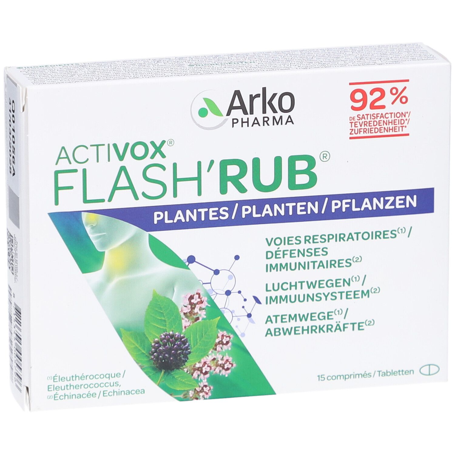 Doosje Arkopharma Activox Flash'Rub. Groen-wit ontwerp met naam en logo. 15 tabletten.