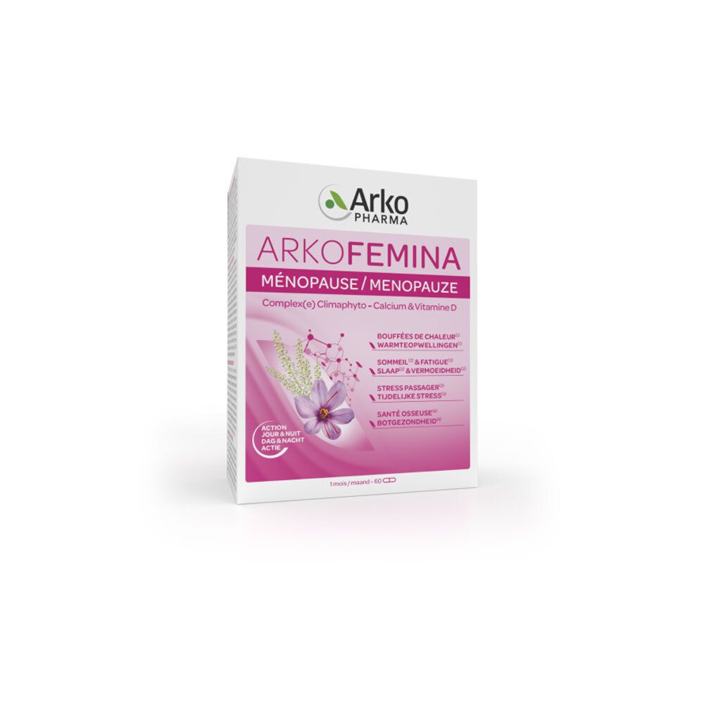 Boîte blanche Arkofemina Ménopause. Détails roses, ingrédients et logos. 60 gélules.