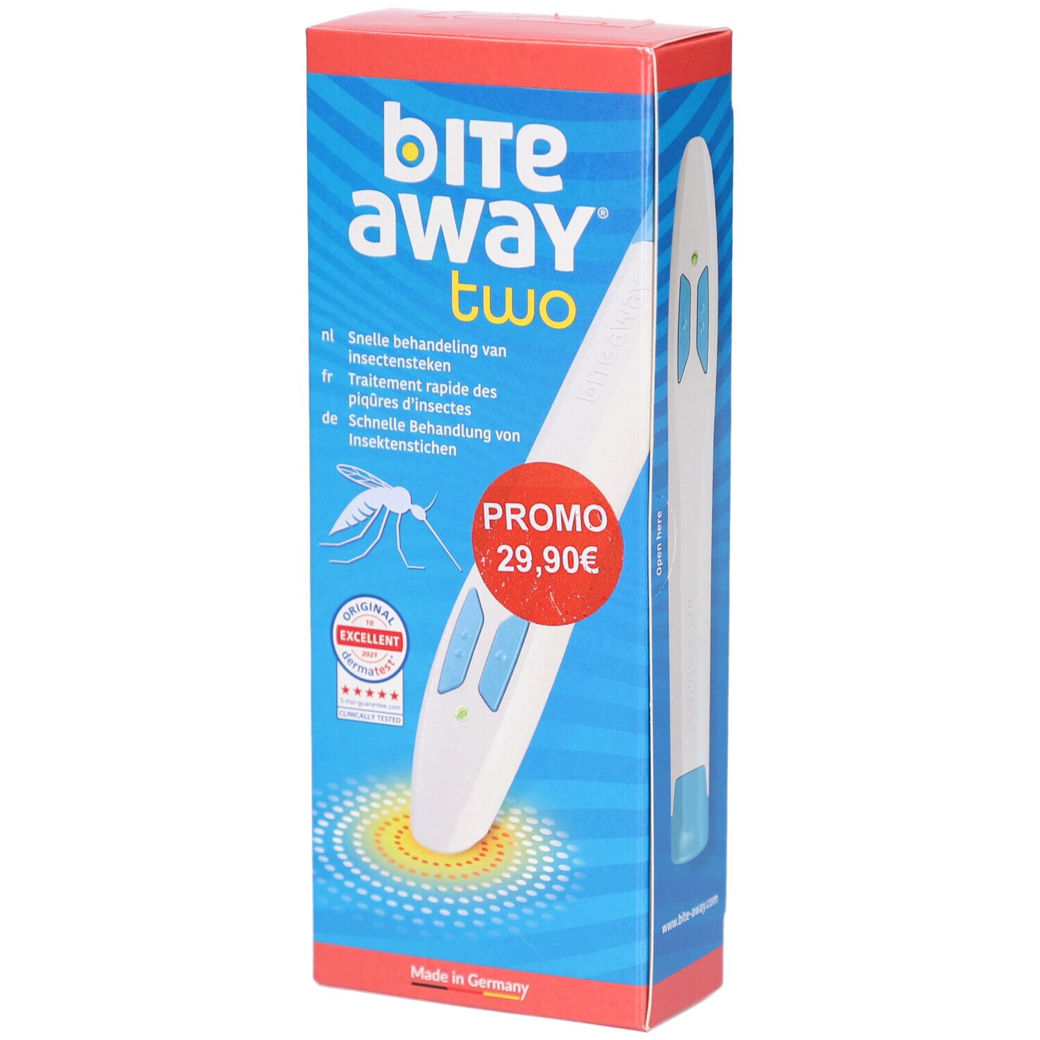 Verpakking met productafbeelding. Opschrift: bite away two. Promo 29,90€. Snelle behandeling van insectenbeten.