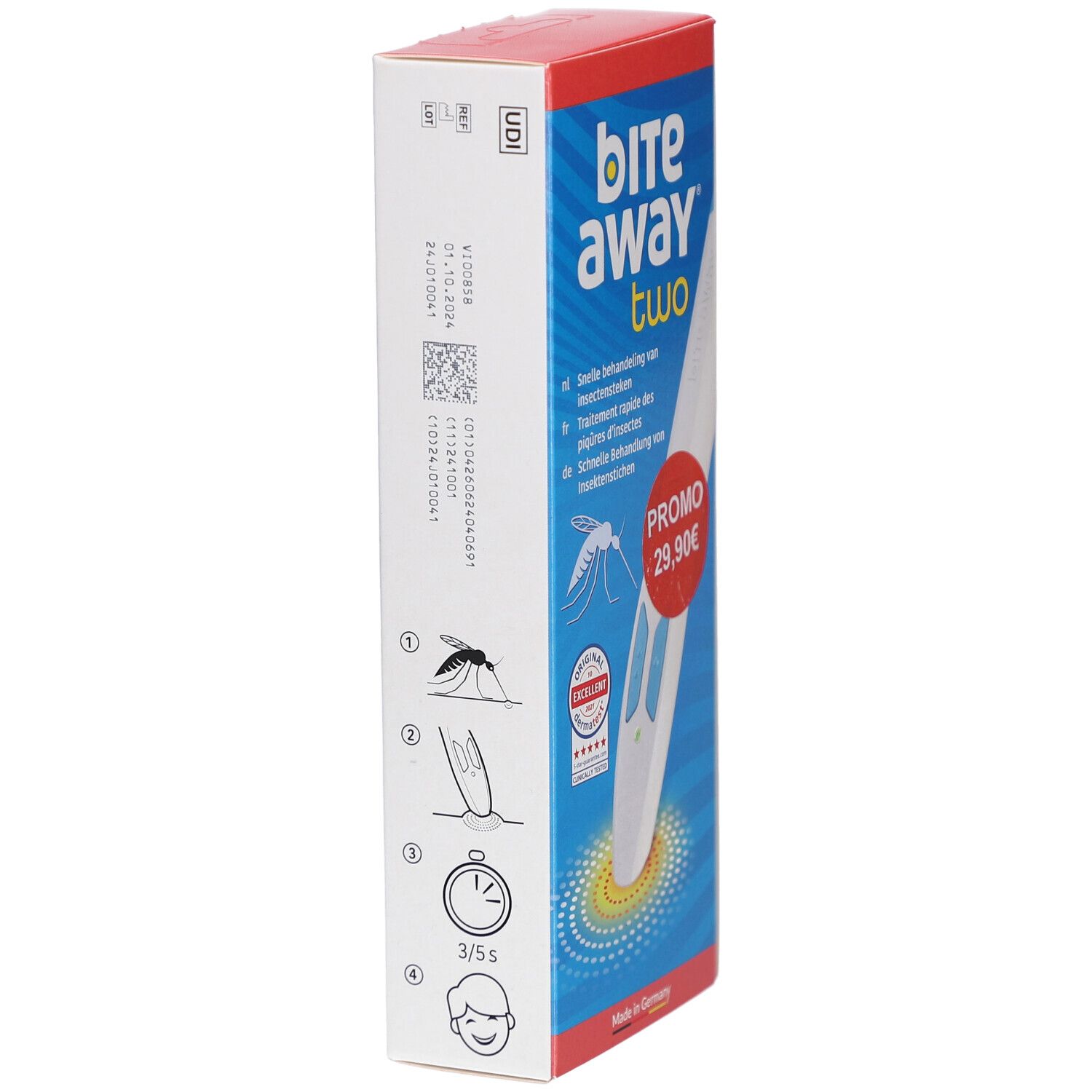 Zijaanzicht van de verpakking. Opschrift: bite away two. Illustraties voor gebruik. QR-code en andere informatie.