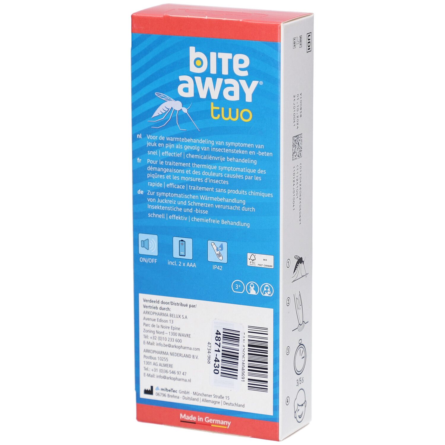 Achterkant van de verpakking. Opschrift: bite away two. Informatie over gebruik en ingrediënten. Logo's en symbolen.