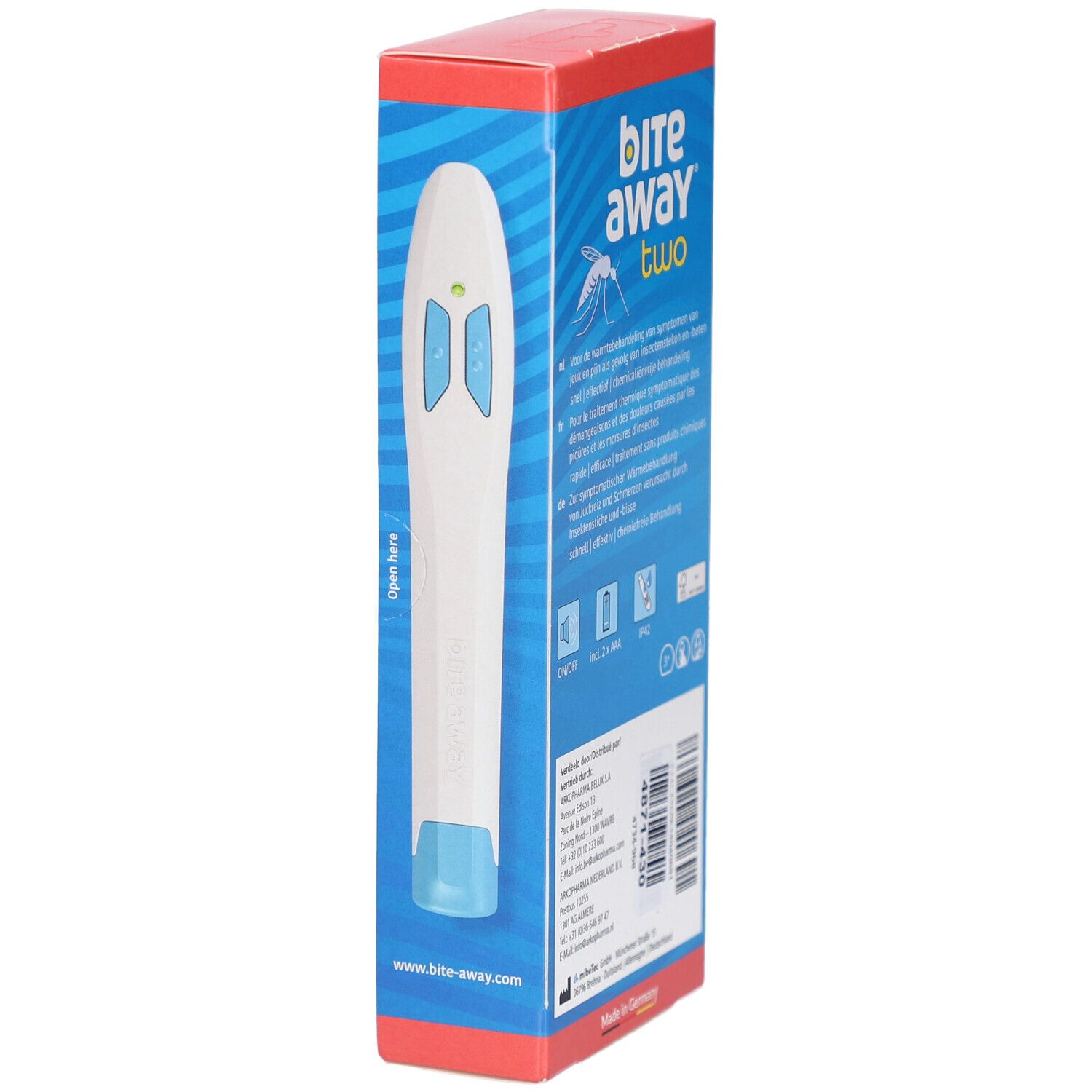 Zijaanzicht van de verpakking. Opschrift: bite away two. Illustraties en informatie. Websiteadres.