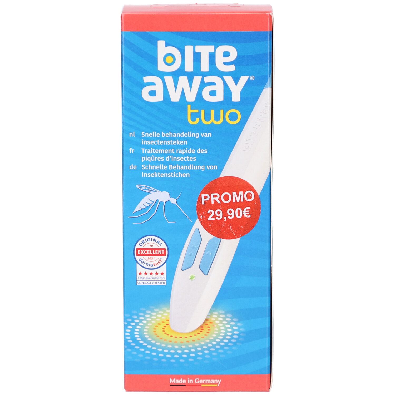 Verpakking met productafbeelding. Opschrift: bite away two. Promo 29,90€. Snelle behandeling van insectenbeten.