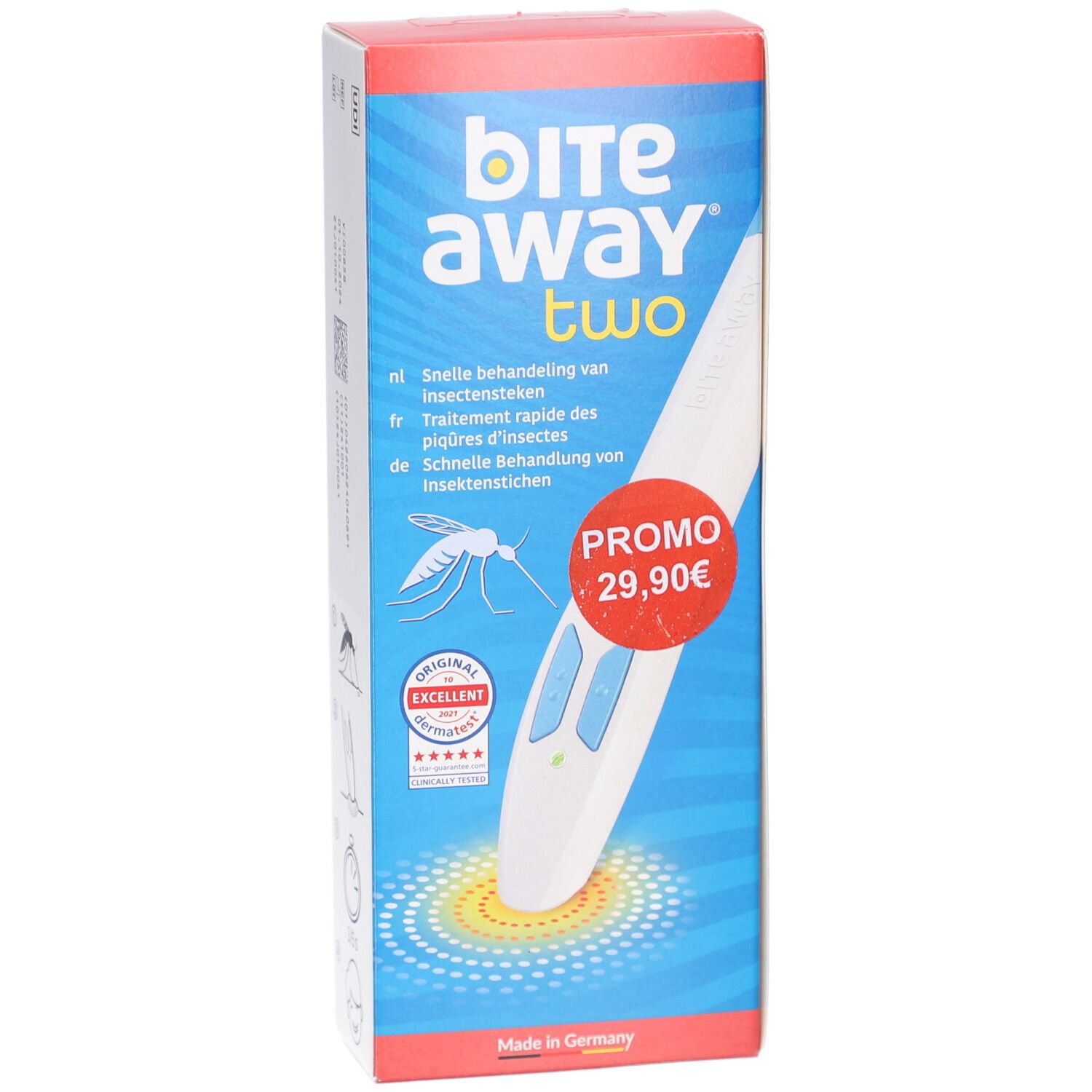 Verpakking met productafbeelding. Opschrift: bite away two. Promo 29,90€. Snelle behandeling van insectenbeten.