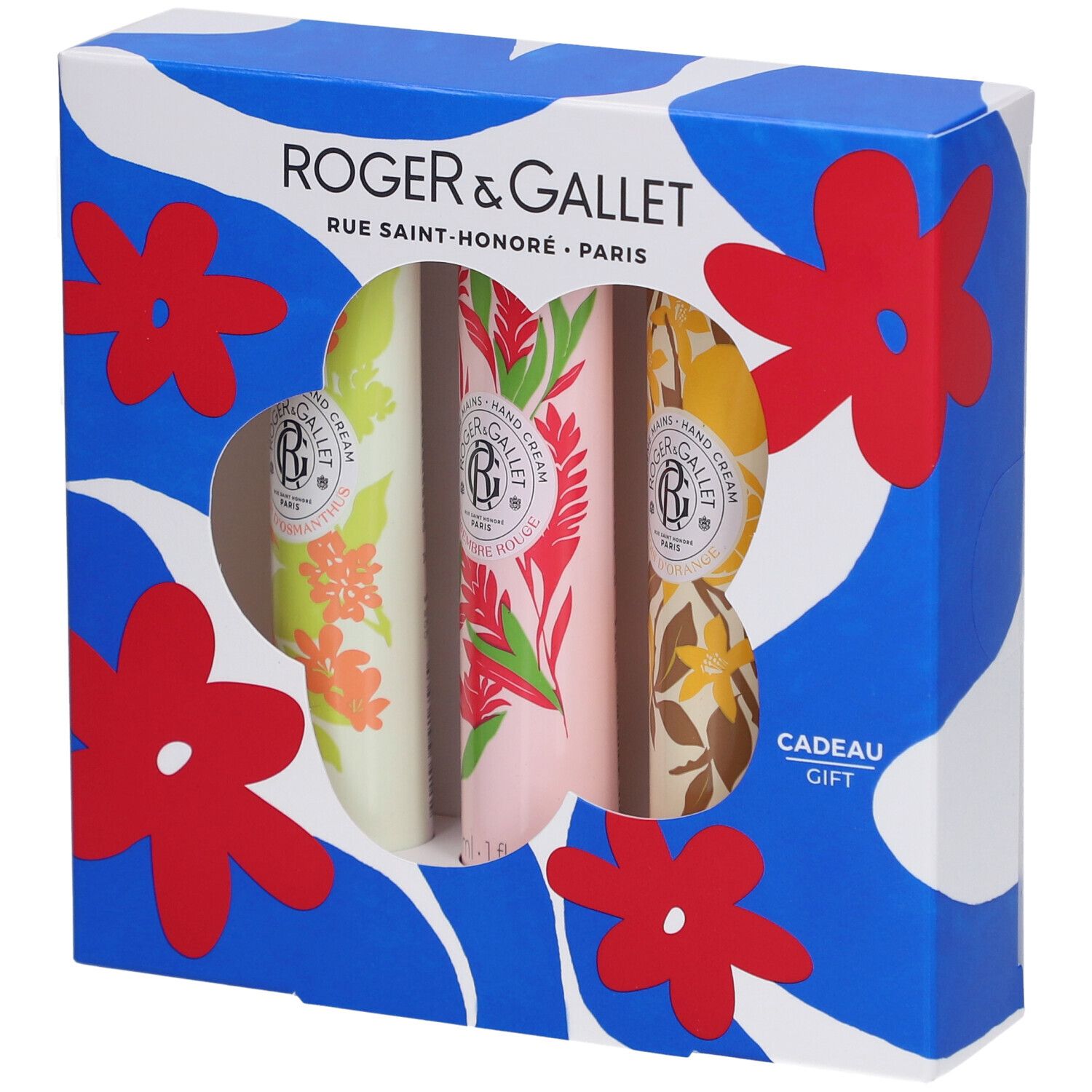 Cadeauset met drie handcrèmes. Blauwe doos met bloemenpatroon en venster. Roger & Gallet logo.