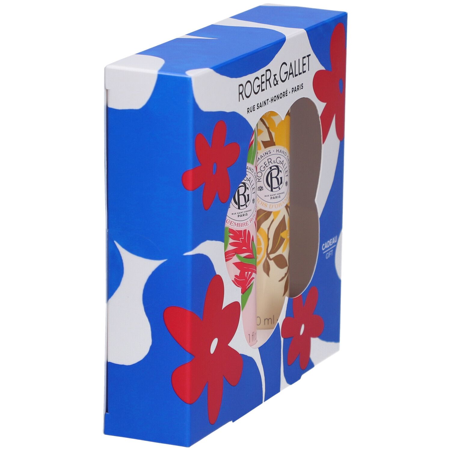 Zijaanzicht van de geschenkverpakking met drie handcrèmes. Blauwe doos met bloemenpatroon. Roger & Gallet logo.