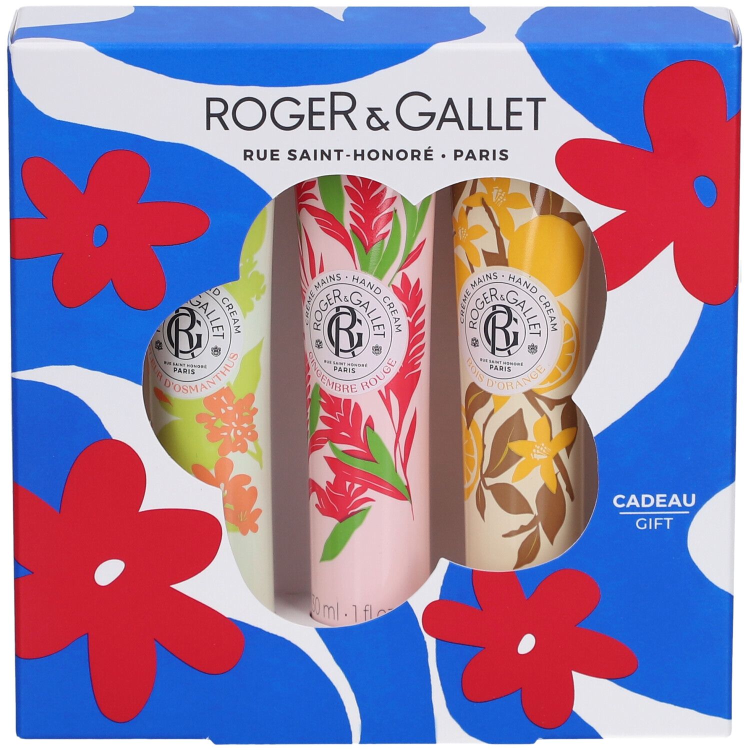 Cadeauset met drie handcrèmes. Blauwe doos met bloemenpatroon en venster. Roger & Gallet logo.