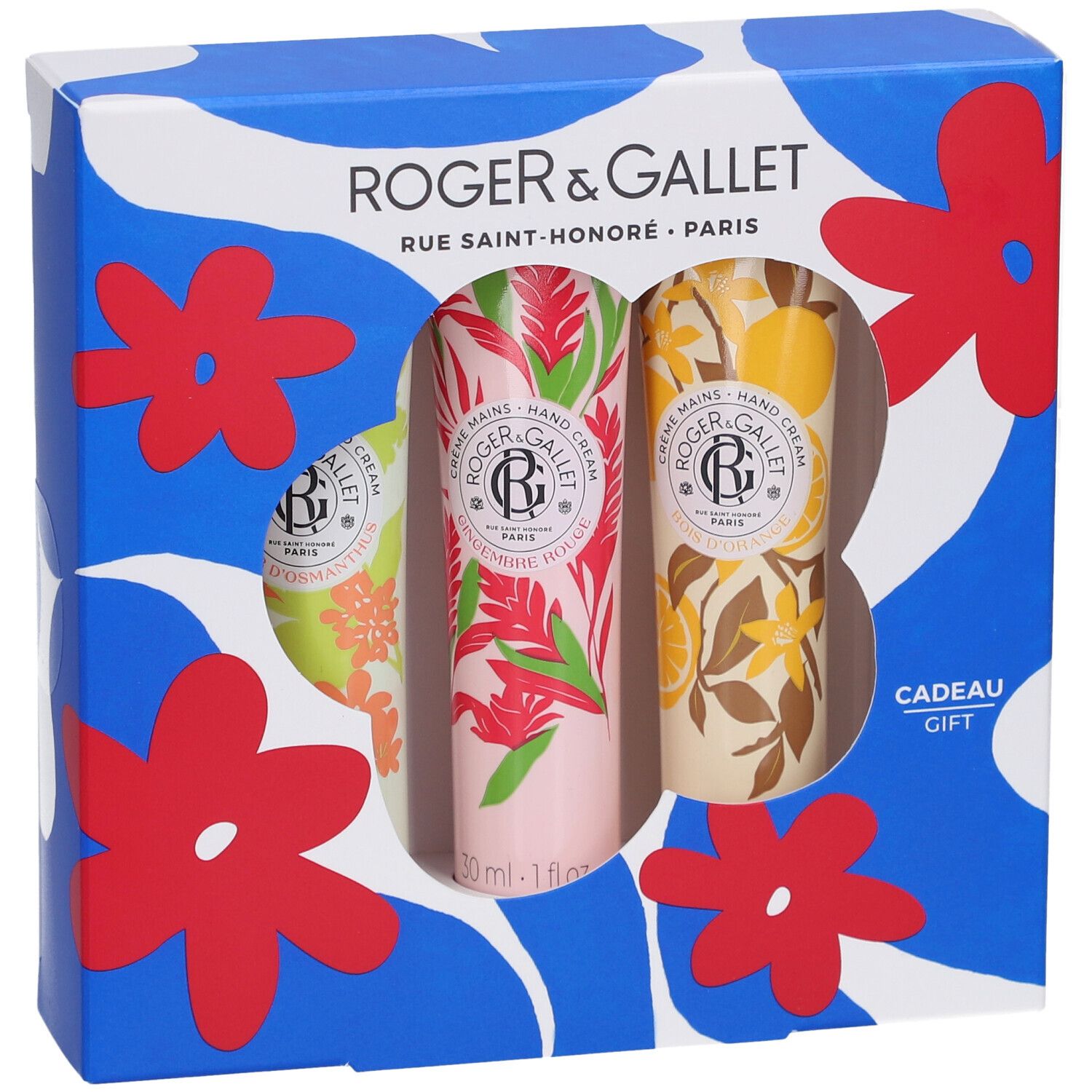 Cadeauset met drie handcrèmes. Blauwe doos met bloemenpatroon en venster. Roger & Gallet logo.