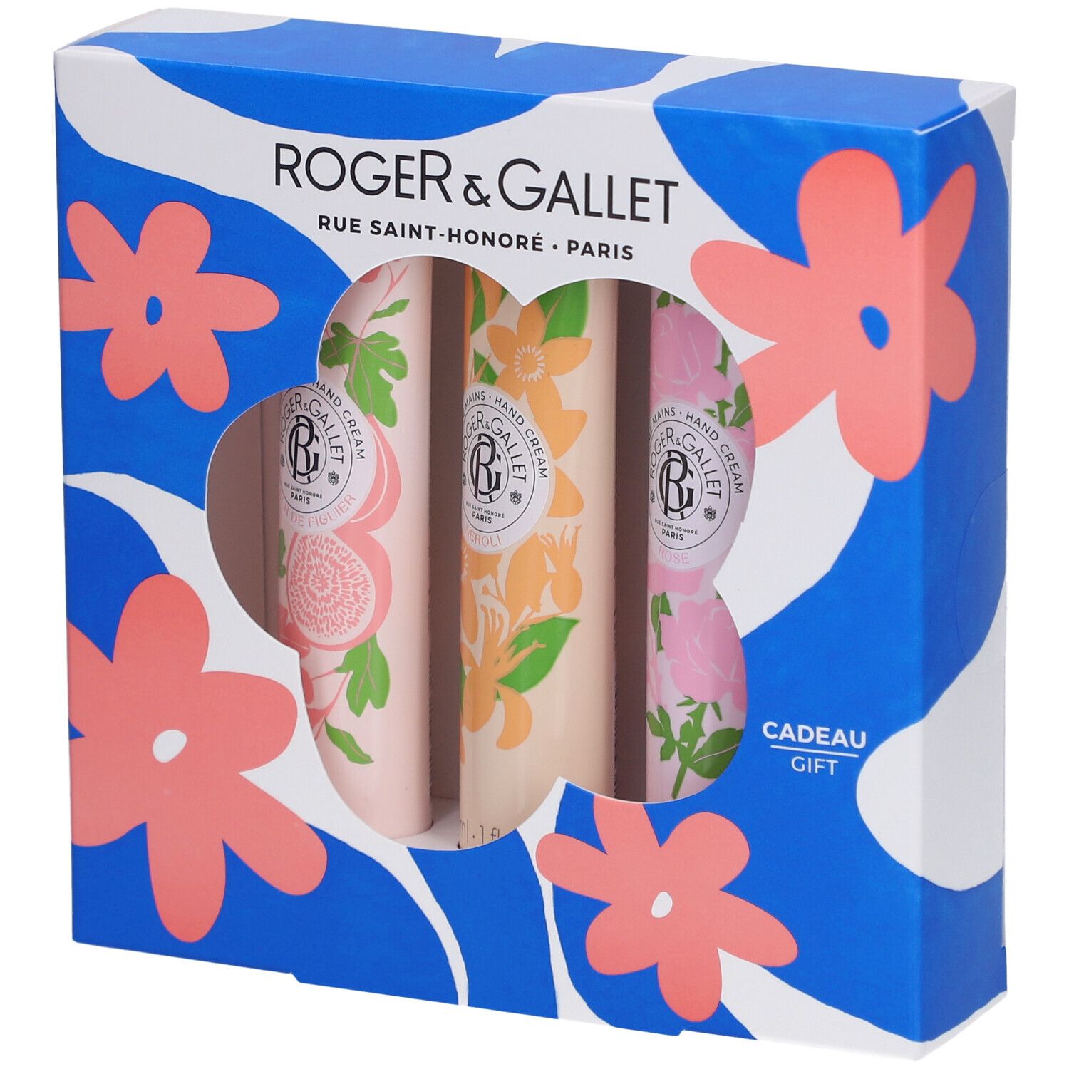 Cadeauset met drie handcrèmes. Blauwe verpakking met bloemenpatroon en venster. Merk Roger & Gallet.