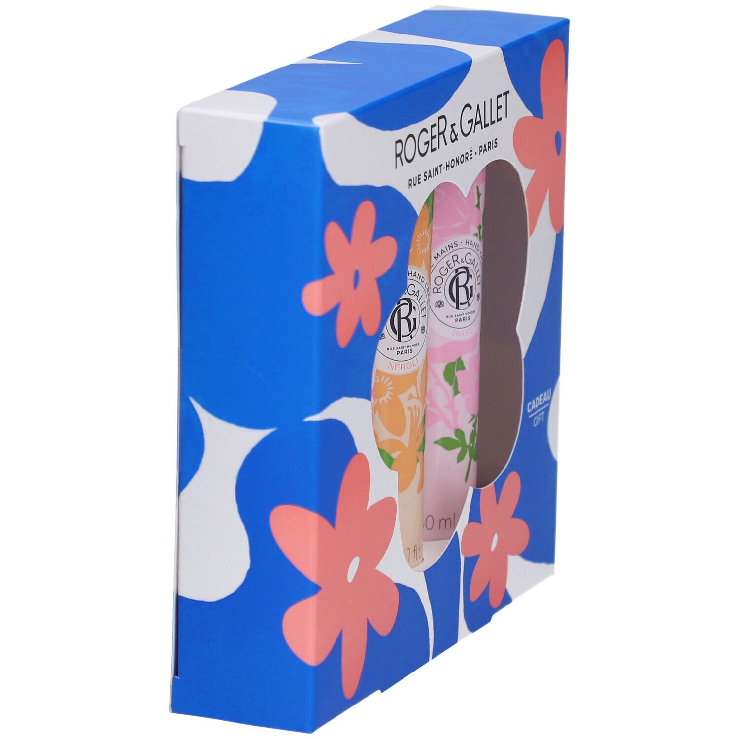 Cadeauset met drie handcrèmes. Blauwe verpakking met bloemenpatroon. Merk Roger & Gallet.