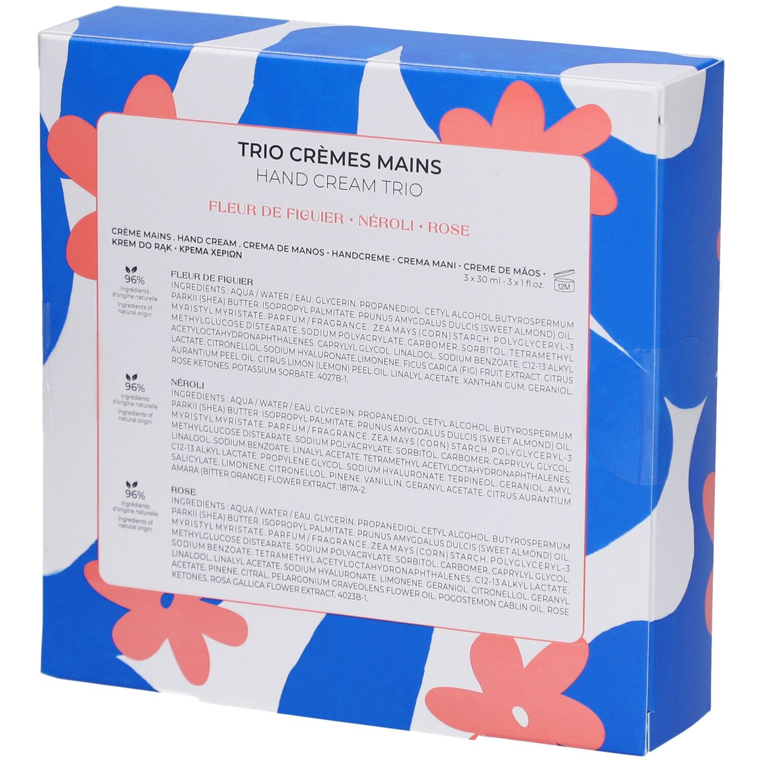 Achterkant van de geschenkverpakking met details en ingrediënten. Blauwe verpakking met bloemenpatroon.