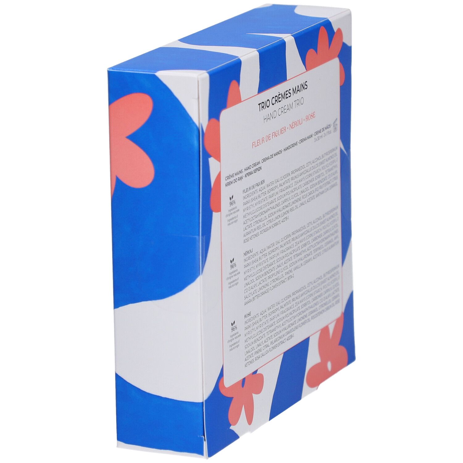 Zijkant van de geschenkverpakking met details. Blauwe verpakking met bloemenpatroon.