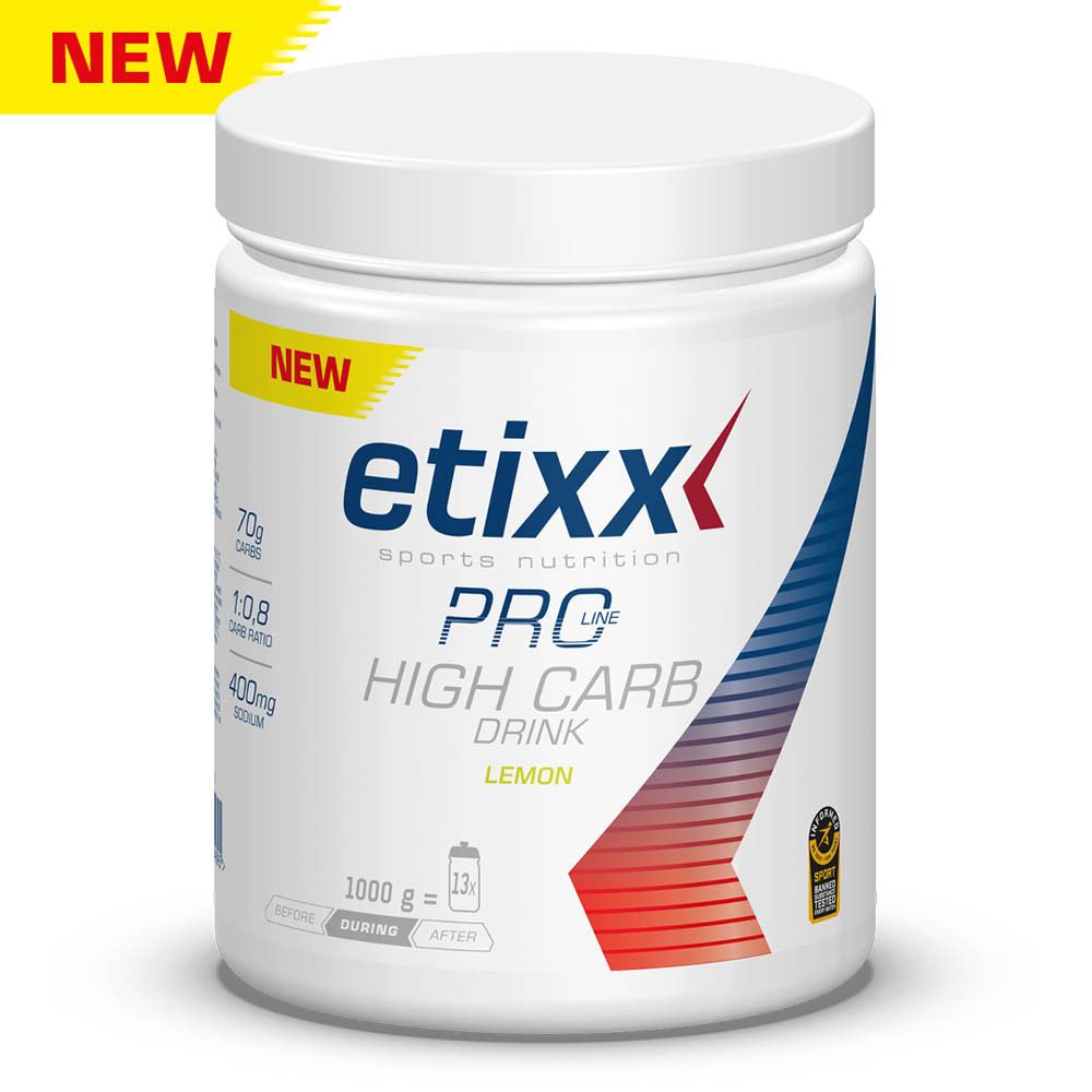 Pot blanc Etixx Pro Line High Carb Drink. Inscription : Citron, 70g glucides, rapport 1:0,8, 400mg sodium.