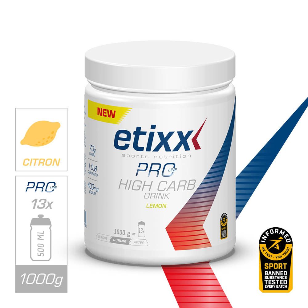 Dos du pot blanc. Texte : ingrédients, informations nutritionnelles. Inscription : Etixx Pro Line High Carb Drink.
