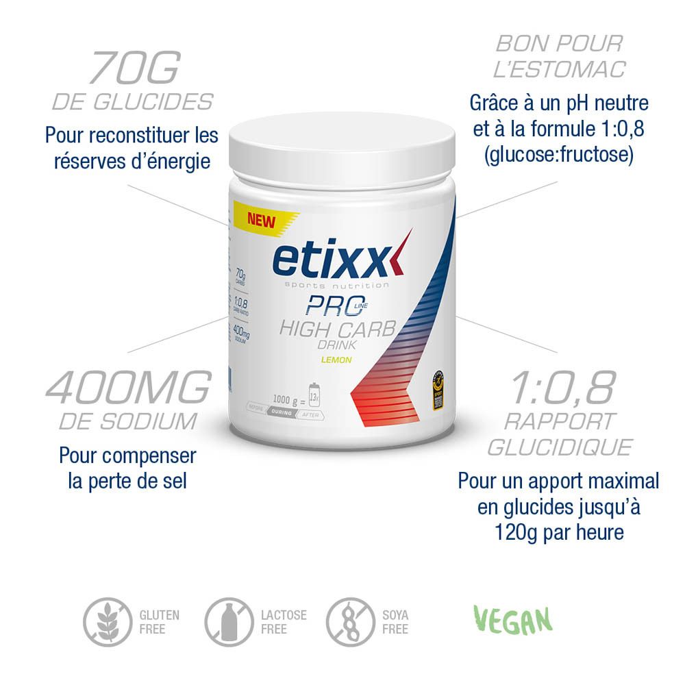 Pot blanc Etixx Pro Line High Carb Drink. Inscription : Citron, 70g glucides, rapport 1:0,8, 400mg sodium.