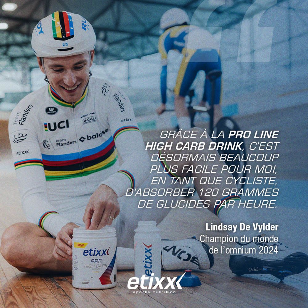 Pot blanc Etixx Pro Line High Carb Drink. Inscription : Citron, 70g glucides, rapport 1:0,8, 400mg sodium.