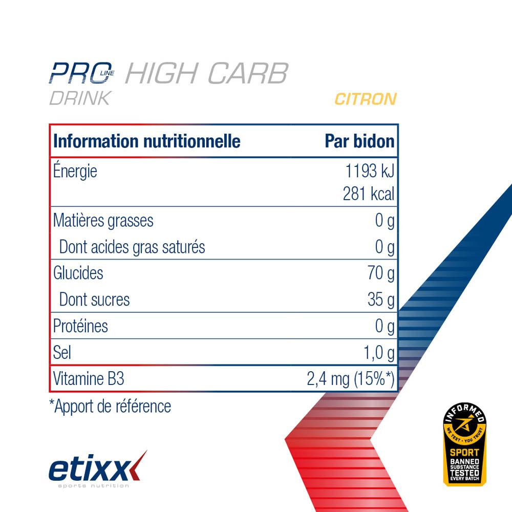 Pot blanc Etixx Pro Line High Carb Drink. Inscription : Citron, 70g glucides, rapport 1:0,8, 400mg sodium.