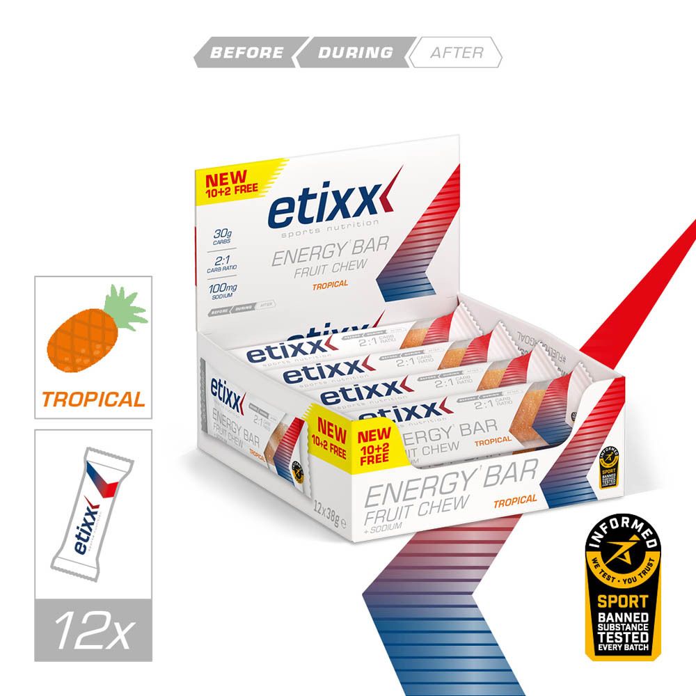Etixx Energy Bar Fruit Chew. Barre individuelle en emballage blanc. 10+2 gratuits.