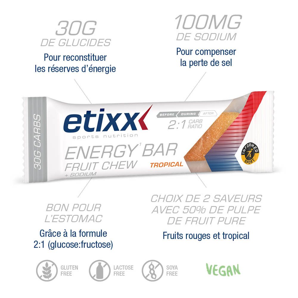 Etixx Energy Bar Fruit Chew. Barre individuelle en emballage blanc. 12 barres.