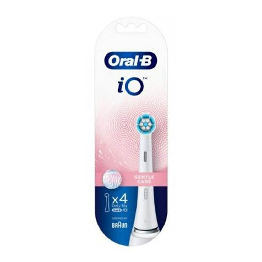 Oral-B iO Gentle Care White 4 opzetborstel in blisterverpakking. Opschrift: Gentle Care. Alleen voor iO.