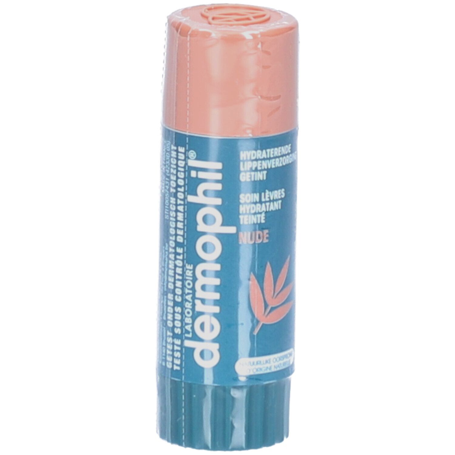 Lipverzorgingsstick in transparante verpakking. Blauwe en beige tinten. Opschrift: Dermophil, Getint Nude.