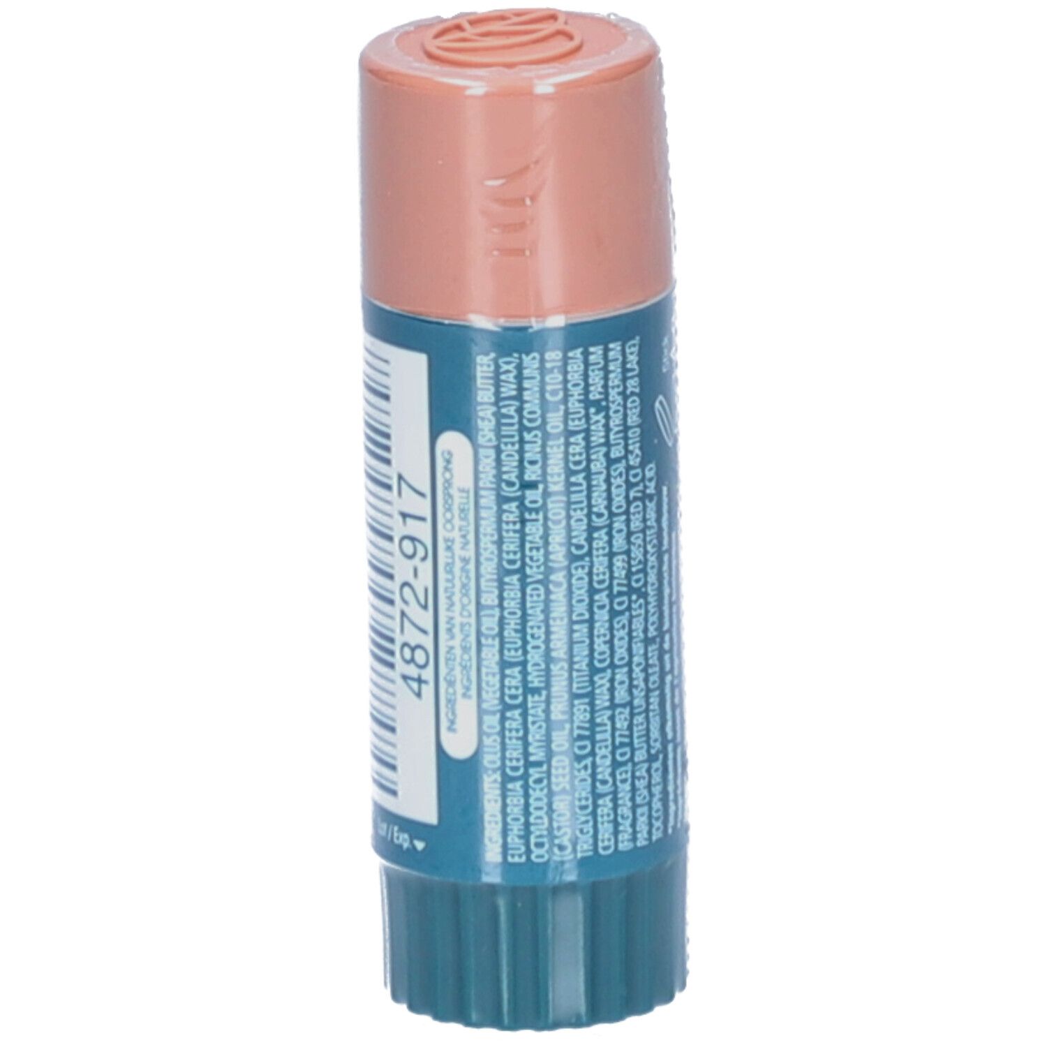 Lipverzorgingsstick. Blauwe en beige tinten. Opschrift: Dermophil. Barcode en ingrediënten.
